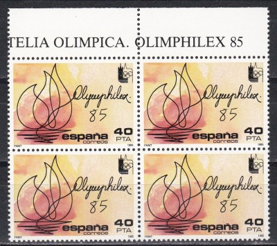 Spania 1985-Expozitia Internaţională de Filatelie OLYMPHILEX &amp;#039;85, Bloc de 4, MNH foto