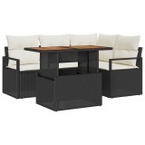 Set sohale gradina Gossi 5 piese cu perne negru poliratan acacia, sofa gradina Gossi 2 locuri cu perne negru poliratan