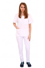 Costum medical alb cu bluza cu anchior in forma V si pantaloni alb cu elastic XS foto