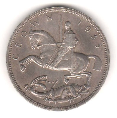 SV * Anglia / UK 5 CROWN 1935 * Argint * Regele George V * AUNC +patina foto