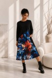 Rochie neagra din bumbac cu imprimeu flori albastre si rosii