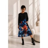 Rochie neagra din bumbac cu imprimeu flori albastre si rosii