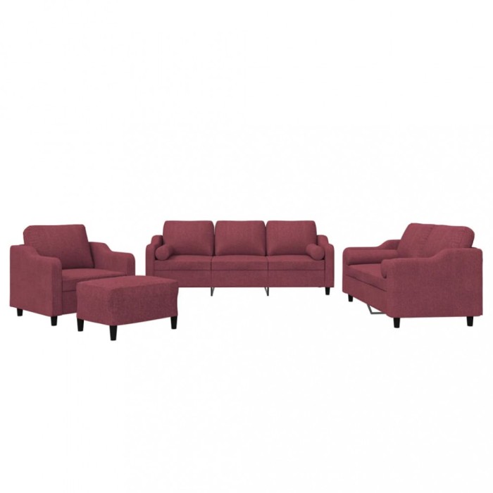 Set canapea cu perne, 4 piese, rosu vin, material textil
