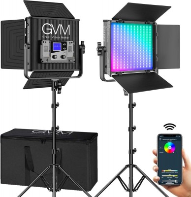 Kit 2 Panouri RGB, GVM 50RS, 384 LED, trepiezi 200 cm inclusi, geanta transport si accesorii foto