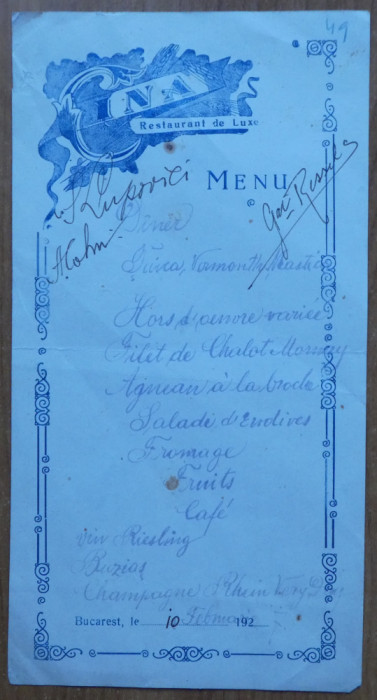 Meniu , Restaurant Cina din Bucuresti , semnaturi , 10 Februarie 1927