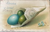 1910 CP Felicitare de Paște Paști embosată / Christos a &Icirc;nviat / circulată Nămoloasa Focșani Vrancea, către Coman Georgescu, comerciant si antreprenor