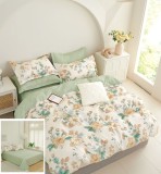 Cumpara ieftin Lenjerie Pat Bumbac 4 Piese, Bej Verde, Fara Elastic - Husa Pilota 200x230, Cearceaf 240x250, Fete Perna 55x75, 70x70