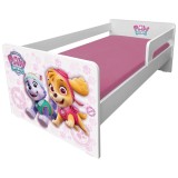 Pat pentru copii Dogs Pink, cu protectii laterale detasabile reversibile, Pal melaminat, margini rotunjite, 2-12 ani,164x86x55 cm, alb roz