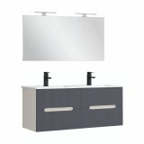 Set Mobilier Baie Leziter Trent 120 cm, Alb Gri Antracit, Lavoar Ceramic, Oglinda, 4 Sertare Soft-Close, Montat pe Perete