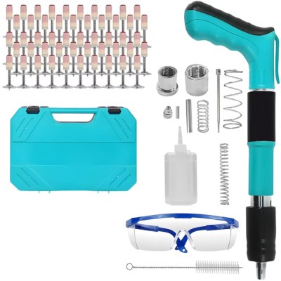 Pistol manual pentru fixarea cuielor, rivetelor, niturilor in perete, tavan, lemn, fier, 35 cm, cutie, accesorii, 100 cuie incluse, albastru foto