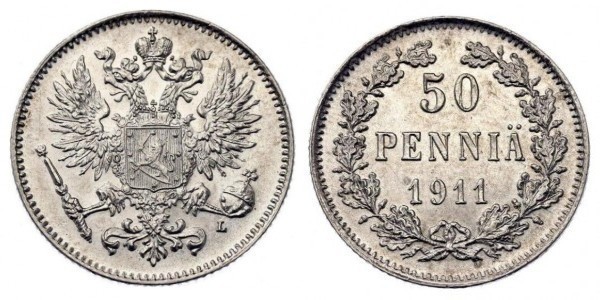 Finlanda 1911 - 50 pennia, Ag, UNC