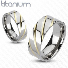 Inel din titan - argintiu cu dungi aurii - Marime inel: 54