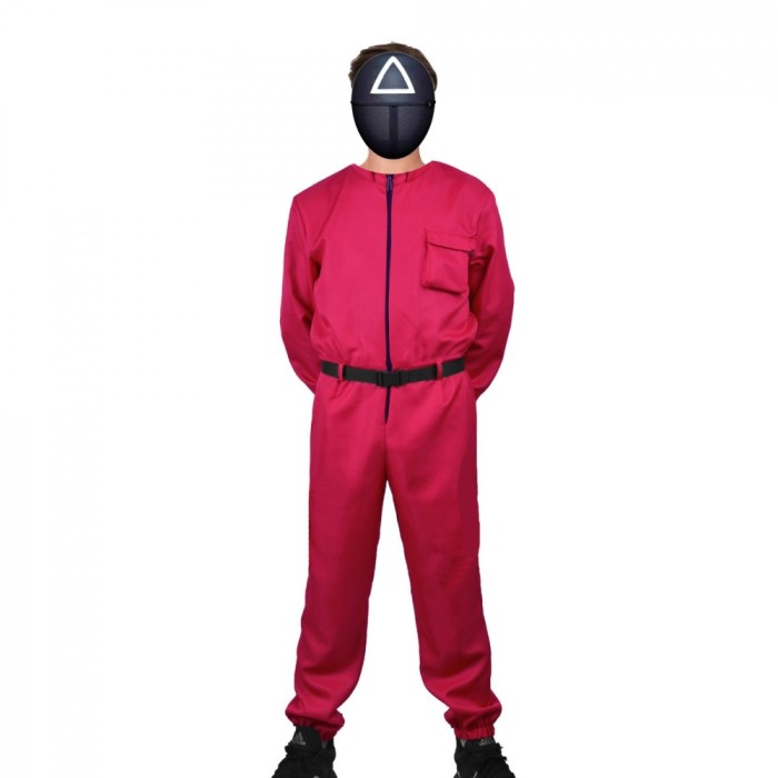 Costum pentru adulti, Jocul Calamarului, model Triunghi, marimea L, rosu, centura inclusa