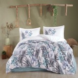 Cumpara ieftin Lenjerie pat dublu,bumbac ranforce,4 piese,alba turcoaz cu flori,Lilyum-A1350