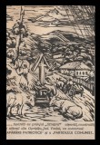1945 Sfintirea cismelii din Oprisita Vaslui cu ajutorul PCR si Apararea Patriotica - ilustrata de propaganda necirculata, xilogravura