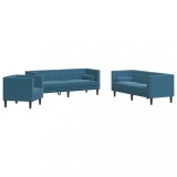 Set canapele Chesterfield perne rulou 3 piese albastru catifea