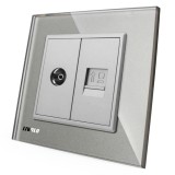 Priza dubla TV + internet Livolo VL-C791VC-15, rama din sticla, gri