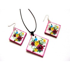Set bijuterii lemn cu model floral, set pandantiv si cercei 40336