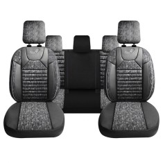 Set Huse Scaune Auto Panda Kas, material textil cu piele ecologica, cu fermoare pentru bancheta rabatabila, gri cu negru, 11 piese foto