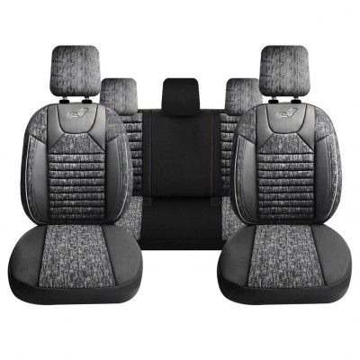 Set Huse Scaune Auto Panda Kas, material textil cu piele ecologica, cu fermoare pentru bancheta rabatabila, gri cu negru, 11 piese Automobile ProTrave foto