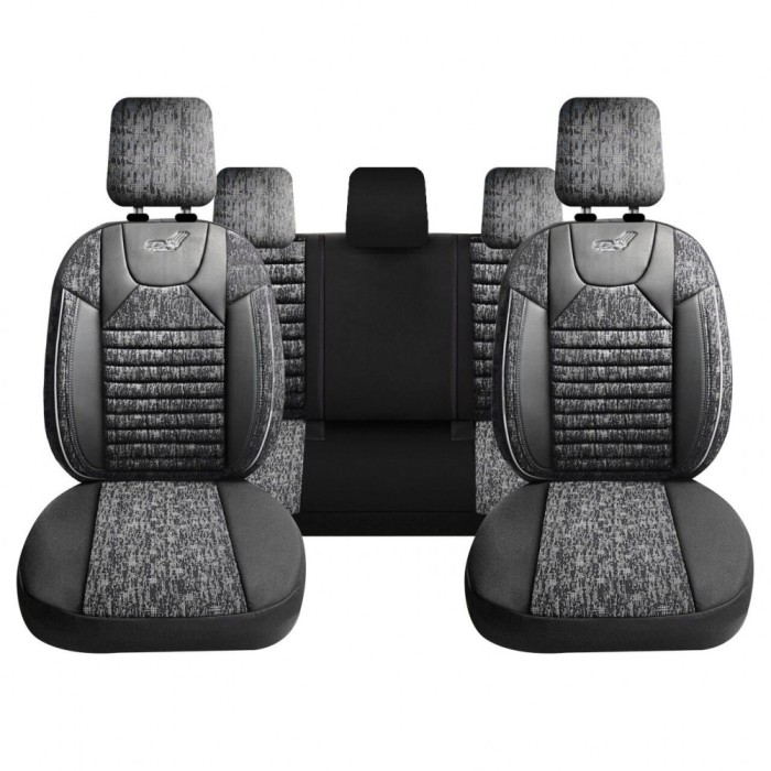 Set Huse Scaune Auto Panda Kas, material textil cu piele ecologica, cu fermoare pentru bancheta rabatabila, gri cu negru, 11 piese Automobile ProTrave