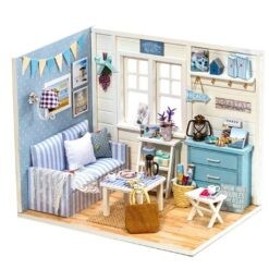 Casa de papusi din lemn cu mobilier si lumini Living, 7Toys