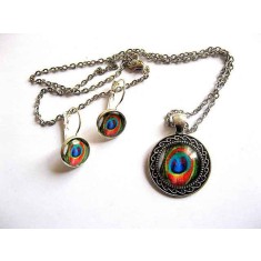 set bijuterii sticla cu pana paun&nbsp; 29601