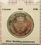 Danemarca 5 kroner 1960 argint - Silver Wedding Anniversary - km 852 - G011, Europa