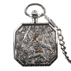 Ceas de buzunar Gorben PM031 Argintiu - Mecanic, Afisaj cu Cifre Romane, Capac cu Tigrii, Cu Lant Vintage Retro