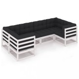 Set mobilier de gradina cu perne, 6 piese, alb, lemn masiv pin