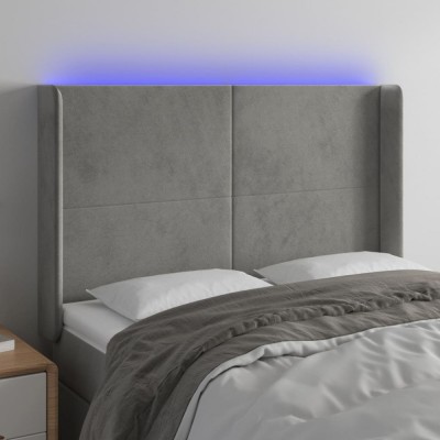 vidaXL Tăblie de pat cu LED, gri deschis, 147x16x118/128 cm, catifea 3123816 foto