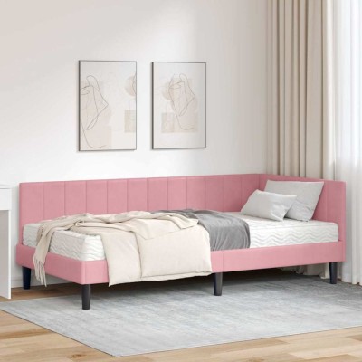 vidaXL Cadru de pat colțar cu saltea Roz 100 x 200 cm Catifea 3393911 foto