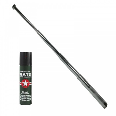 Baston telescopic 65 cm, argintiu, 4 sectiuni, cadou spray NATO 60 ml foto