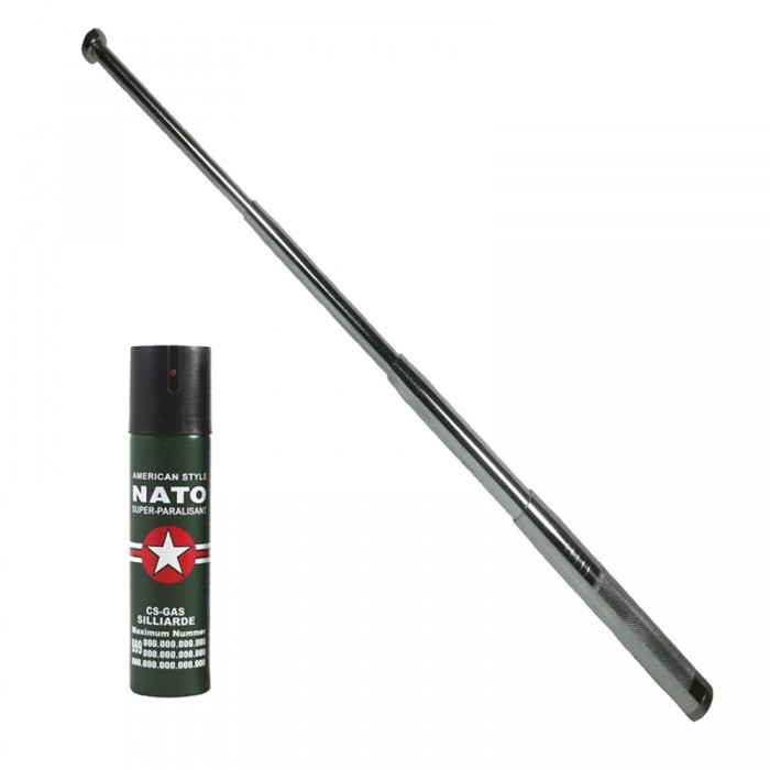 Baston telescopic 65 cm, argintiu, 4 sectiuni, cadou spray NATO 60 ml
