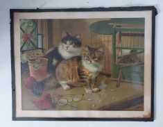 Tablou reproducere print pe hartie de E. Blair - cu pisici, pasare in coliviem si ghiveci cu floare muscata
