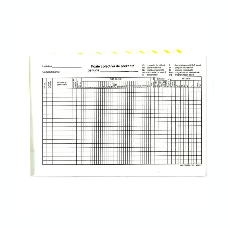 Foaie colectiva de prezenta, format A4, orientare vedere, 100 file |  Okazii.ro