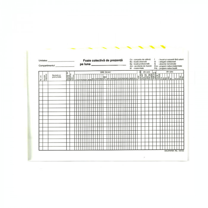 Foaie colectiva de prezenta, format A4, orientare vedere, 100 file