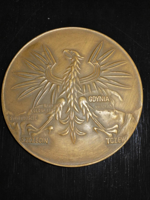 Medalion placheta bronz Polonia 50 ani de Educatie maritima 1970 68 mm