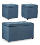 Cumpara ieftin Set bancuta, 2 tabureti textil albastru Derrick 40x40x40 cm; 89x48x51 cm