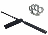 Cumpara ieftin Set Autoaparare: Baston Telescopic Otel 49cm + Box Argintiu 1cm, IDEALLSTORE, Multicolor, Husa Curea, 20cm Pliat