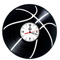 Ceas de perete din disc vinil, Tematică Baschet, Design Minge de Basket, Negru, 30 cm