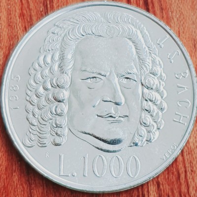 826 San Marino 1000 Lire 1985 Johann Sebastian Bach km 183 UNC argint foto