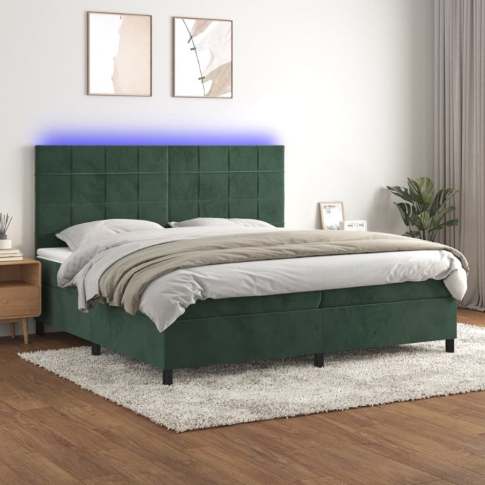 vidaXL Pat cu arcuri, saltea și LED, verde &icirc;nchis, 200x200 cm, catifea