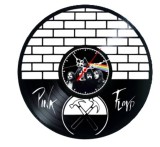 Ceas de perete decorativ realizat din disc de vinil, Model Pink Floyd Dark Side Moon The Wall, Negru, 30 cm