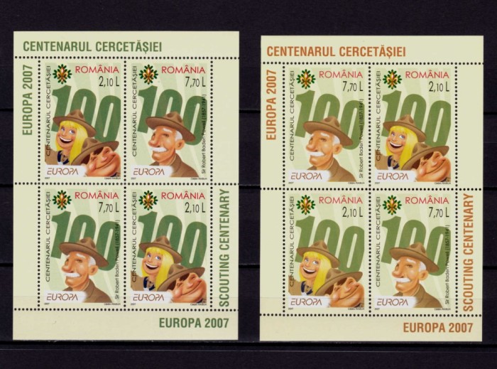 ✅ RO 2007 LP 1762 g &quot;Europa 2007, Cent. Cercetasiei , colite de 2 serii in pereche /396 TIP I si II , MNH