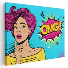 Tablou OMG pop art femeie cu par roz exclamand OMG!, roz 1366 Tablou canvas pe panza CU RAMA 20x30 cm