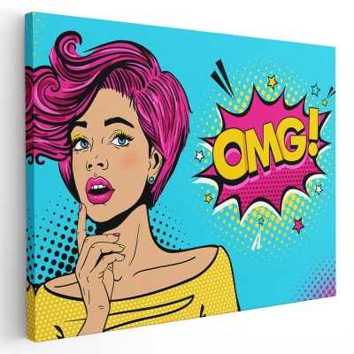 Tablou OMG pop art femeie cu par roz exclamand OMG!, roz 1366 Tablou canvas pe panza CU RAMA 60x80 cm foto
