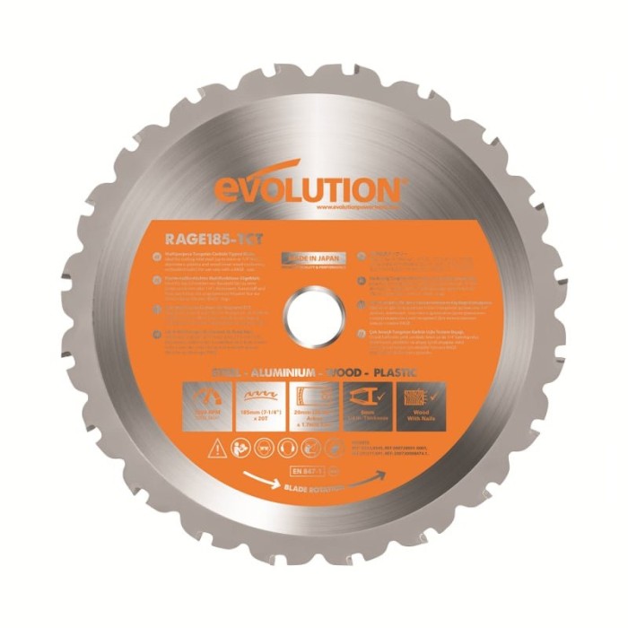 Disc pentru fierastrau circular, taiere multifunctionala Evolution RAGEBLADE185MULTI-9883, O185 x 20 mm, 20 dinti