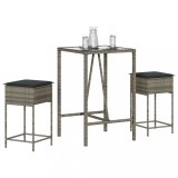 Cumpara ieftin Set mobilier bar de grădină, cu perne, 3 piese, gri, poliratan