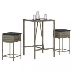 vidaXL Set mobilier bar de gradina, cu perne, 3 piese, gri, poliratan foto